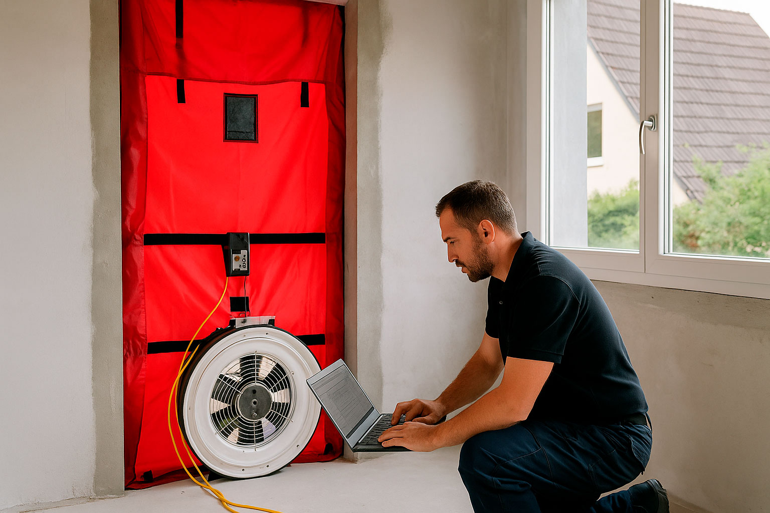 Técnico realizando una prueba Blower Door con ventilador y ordenador portátil en obra